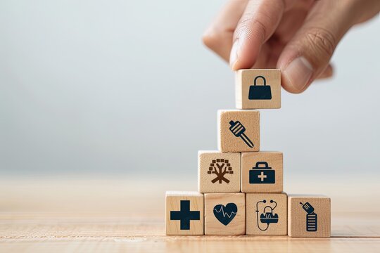 Hand arranging wooden blocks with health and life insurance icons. Concept of health insurance, medical care, family protection, and financial planning.