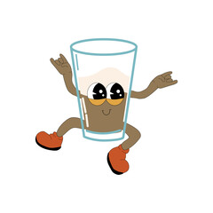 Coffee Groovy Character. Isolated on white. Cute y2k hot drink brewing sticker. Coffee cup or glass retro element.