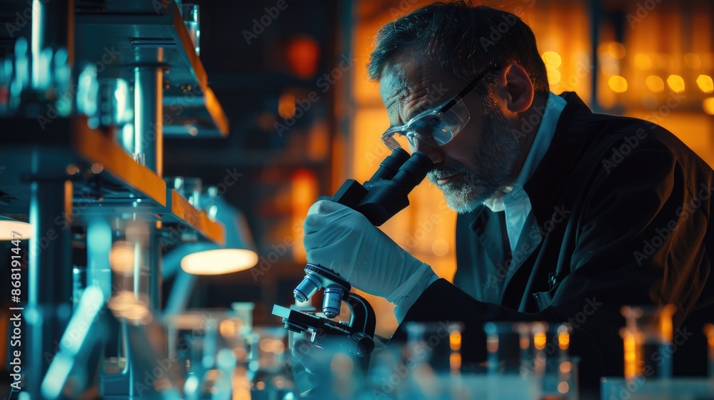 Poster scientist examining samples in a well-equipped lab, utilizing an advanced microscope and various equ