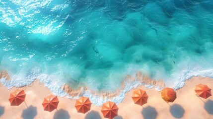 Illustration lively beach scene with clear blue water, colorful umbrellas.