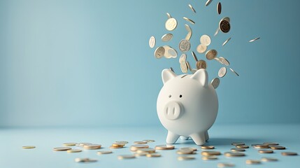White piggy bank overflowing with gold coins against a blue background.  Concept of saving, investment, finance, and wealth.