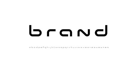 Technical wide thick future font, digital cyber alphabet, trendy letters A, B, C, D, E, F, G, H, I, J, K, L, M, N, O, P, Q, R, S, T, U, V, W, X, Y, Z and numerals 0, 1, 2, 3, 4, 5, 6, 7, 8, 9, vector 