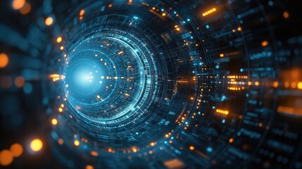 Obraz premium Digital technology tunnel with neon lights for network, data center, and internet speed. Abstract futuristic background with dark blue and orange glowing patterns. High-tech innovation concept.