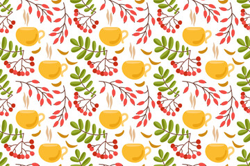 Autumn Tea Pattern With Berries and Leaves