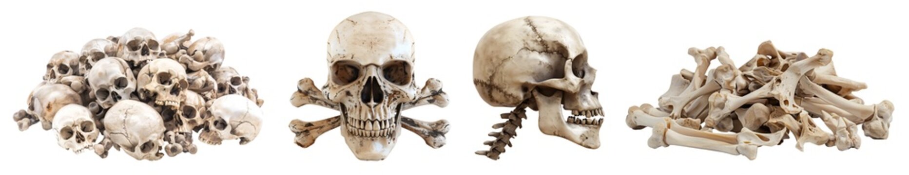 Set of piles of cracked aged human skeleton skeletal bones and skull head on transparent cutout. PNG file. Many different design. Mockup template for artwork design