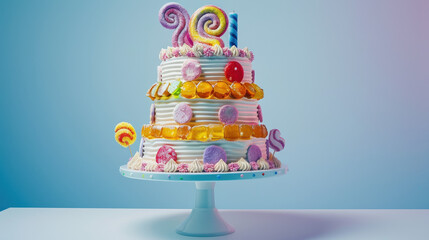 a whimsical, candy-themed tiered cake on a sleek white surface, with a minimalistic background