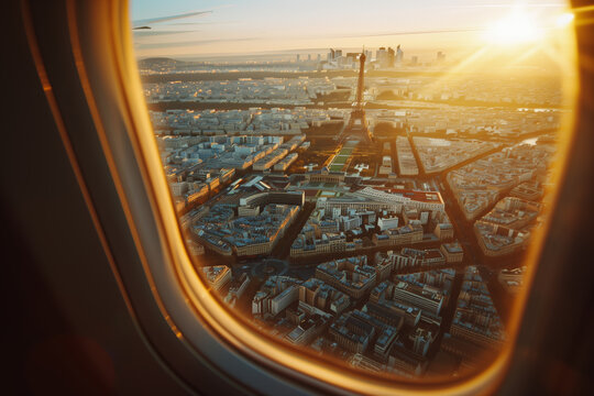 Photograph of the view from an airplane window on the Eiffel Tower. Travel, France, Paris