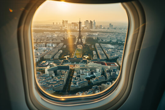 Photograph of the view from an airplane window on the Eiffel Tower. Travel, France, Paris