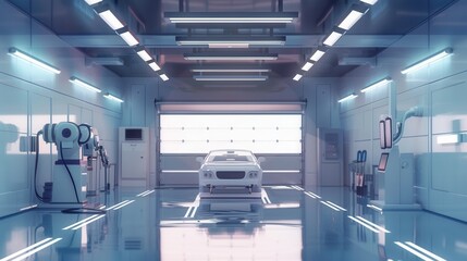 Obraz premium A sleek and modern automotive painting shop with robotic systems, showcasing the latest technology in paint application and automotive manufacturing. Generative AI