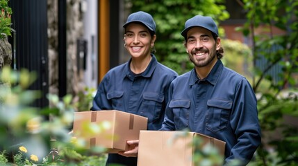 Happy couriers in uniform delivering packages outdoors, smiling at the camera, symbolizing efficient and friendly delivery service.