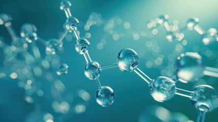 a molecular structure, transparent and glossy spheres connected by thin rods