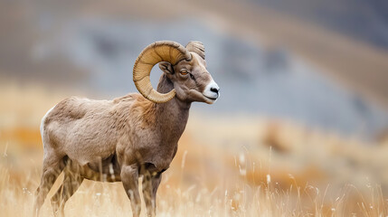 Native animals colorado such as bighorn sheep standing in the grass against blurred background with copy space.
