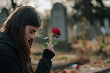 Young woman grieves in a cemetery holding rose One young sad woman, widow, visiting a loved one at the cemetery. Paying respect with fresh rose flower
