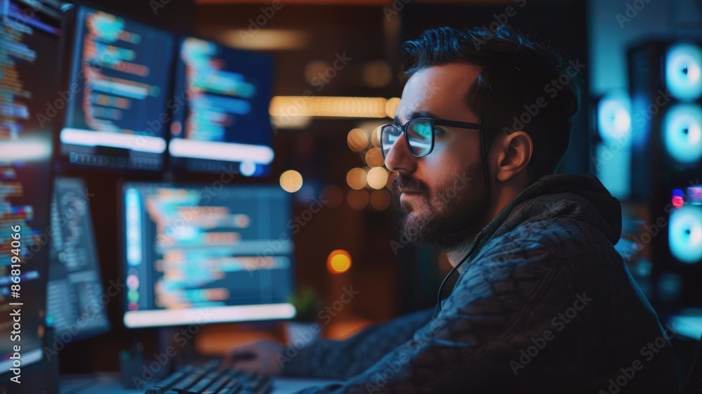 Poster young professional coding on multiple monitors in modern, illuminated workspace. intense and concent