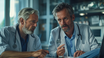 Fototapeta premium Doctors in Deep Discussion in Medical Office - Two experienced doctors engaged in a serious discussion, reviewing medical charts and data in a modern clinical setting.