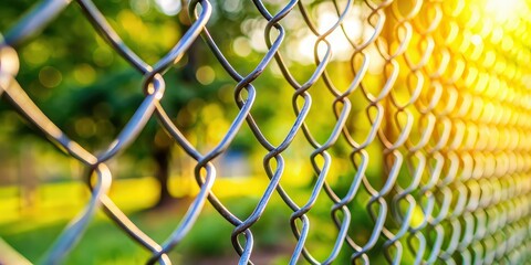 Fototapeta premium Close-up of a chain link fence with a blurred background, chain link, fence, metal, close-up, security, boundary