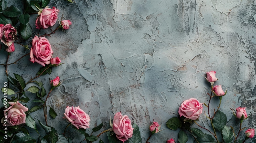 Poster roses framework on gray background with copy space texture floral pattern