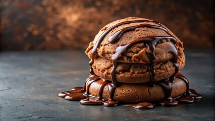 Chocolate ice cream on cookie topped with chocolate sauce drizzle , dessert, sweet, indulgent, delicious, frozen treat, creamy