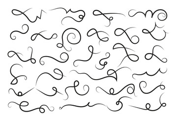 Curly swirl decorative swishes, Hand drawn calligraphy lettering ornate strokes, flourish swirling squiggle Highlight Swoosh typography text elements. Pen Filigree flourishes vintage scrolls