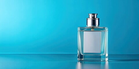 Glass perfume bottle with blank label mockup on blue background, perfume, bottle, glass, mockup, blank, label, blue