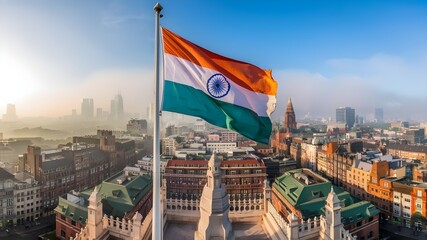 Indian flag flying high over city skyline