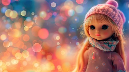 Fototapeta premium A portrait of a cute kid doll with background of twinkling bokeh lights
