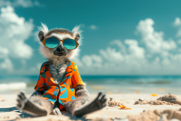 A lemur in a bright shirt is relaxing on the beach. Summer, sea, rest, vacation