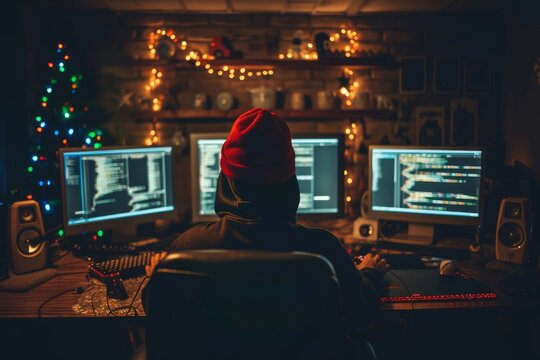 Hacker working on christmas One man, sitting indoors surounded by computers, hacking crime is in motion, rear view