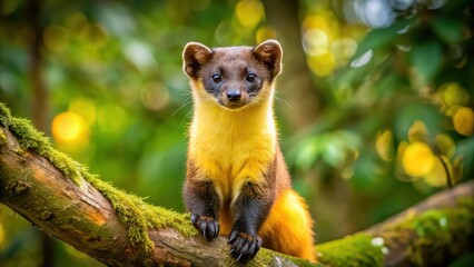 Yellow-throated marten sitting in tree forest habitat in Chitwan National Park