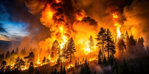 Nighttime forest fire with large flames and billowing smoke , wildfire, destruction, danger, heat, flames