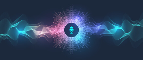 Voice assistant concept. Vector sound wave. Voice and sound recognition equalizer wave flow background. Personal assistant and voice recognition concept gradient vector illustration