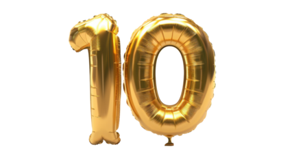 Gold balloon, Number ten balloon made of gold color on transparent  background