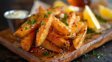 Beer-battered fries with a crispy coating, presented on a wooden board with a side of malt vinegar