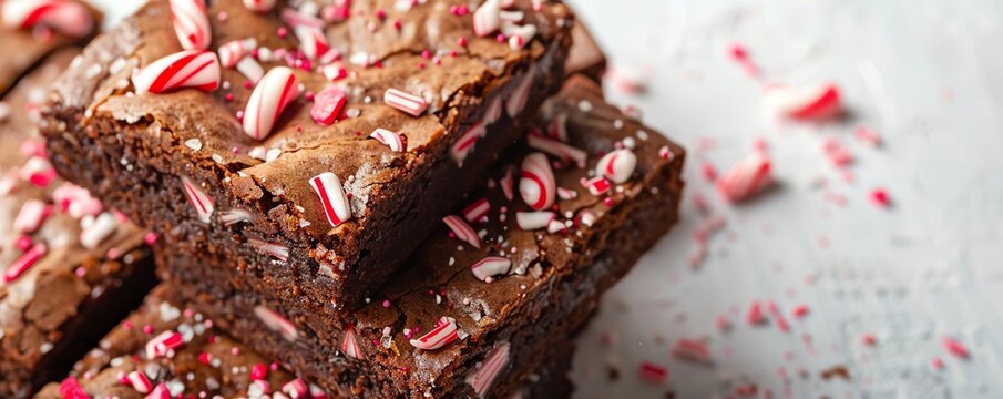 Brownies with a colorful topping of crushed candy canes, festive and bright against a clean white background