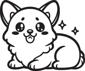 Adobe Illustrator ArtworkA cute cartoon corgi with big, sparkling eyes and a small tail, outlined in black and white.