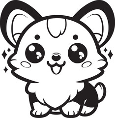 Adobe Illustrator ArtworkA cute cartoon corgi with big, sparkling eyes and a small tail, outlined in black and white.