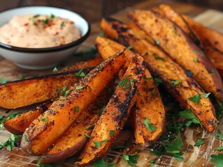 Cajun sweet potato fries with a spicy seasoning, styled on a rustic wooden table with a side of chipotle mayo