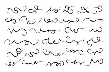 Obraz premium Curly swirl decorative swishes, Hand drawn calligraphy lettering ornate strokes, flourish swirling squiggle Highlight Swoosh typography text elements. Pen Filigree flourishes vintage scrolls