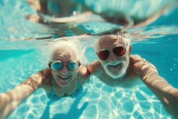 Naklejka premium An elderly couple is having fun in the pool. A cheerful old age.