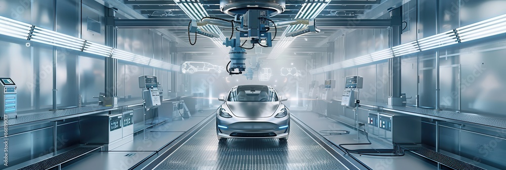 Poster a sleek and modern automotive paint shop featuring robotic painting systems, showcasing advanced tec