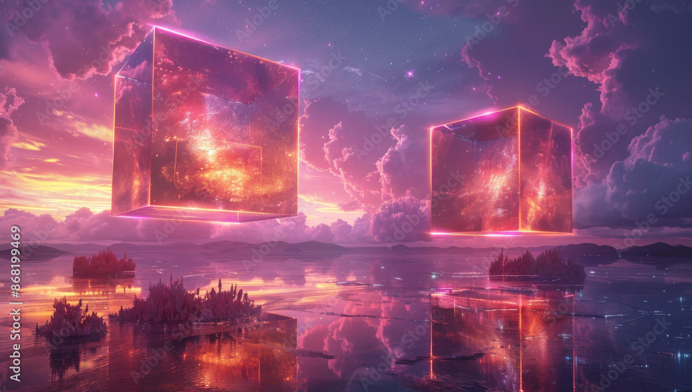 Poster a minimalistic 3d scene with two cubes floating in the air, surrounded by neon lights and an aurora 