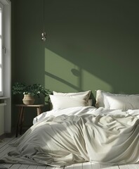 Bedroom with simple design and a minimalist green wall