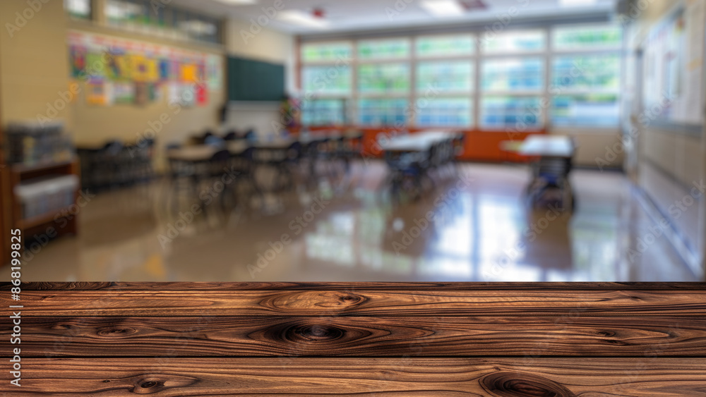 Poster empty wood table top with blur background of classroom in school. the table giving copy space for pl