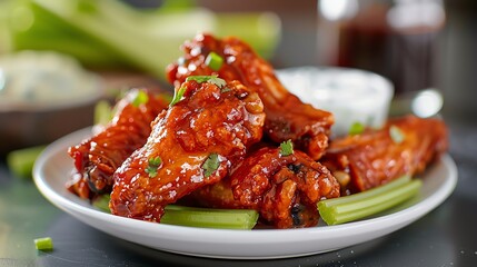 Fried chicken wings with a tangy buffalo sauce, served with celery sticks and blue cheese dipping sauce