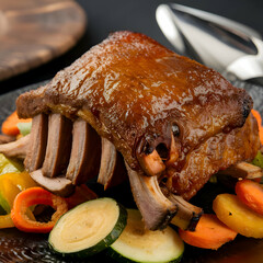 medium rare rib eye Steak full and slice close up
