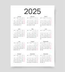 2025 year calendar. Pocket wall calender layout. Week starts Monday. Yearly organizer with 12 month in English. Scheduler template in minimal design. Portrait orientation, A4. Vector illustration