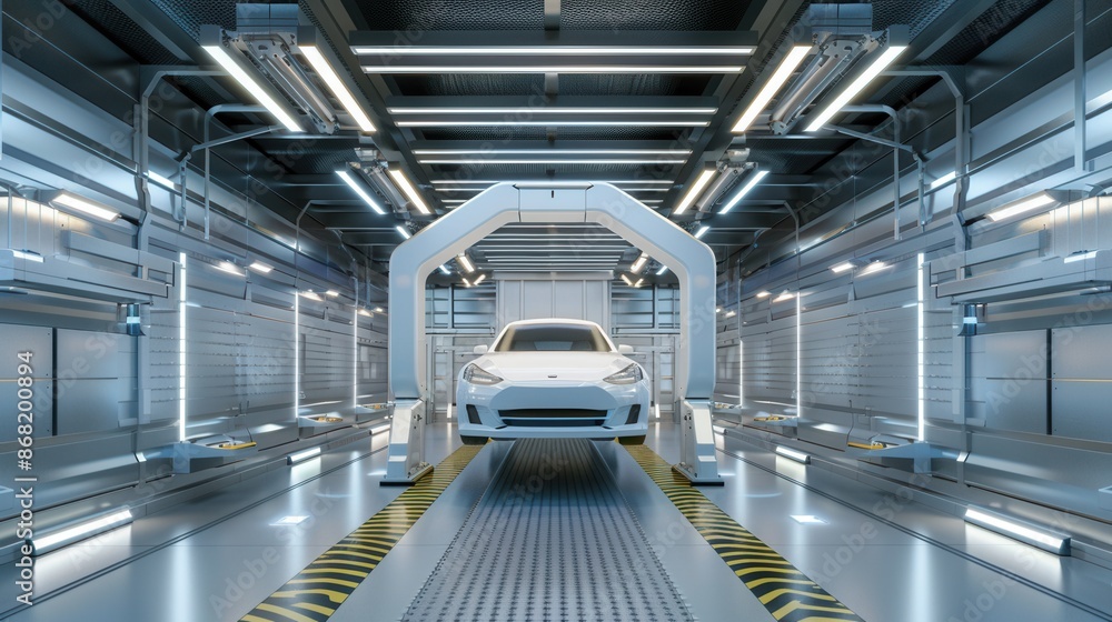 Poster a sleek, modern car painting shop featuring robotic painting systems. the image highlights the effic