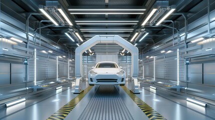 A sleek, modern car painting shop featuring robotic painting systems. The image highlights the efficiency and precision of automated car painting processes. Generative AI