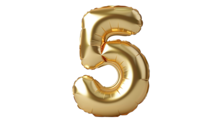 Gold balloon, Number five balloon made of gold color on transparent  background