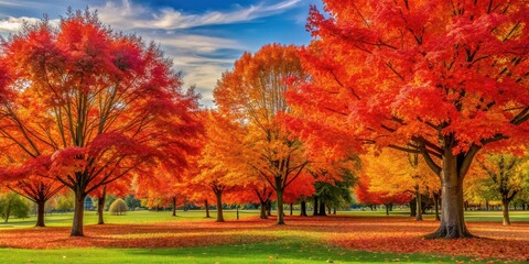 Naklejka premium Vibrant orange and red autumn trees in a peaceful park setting, autumn, trees, park, vibrant, orange, red, foliage, nature